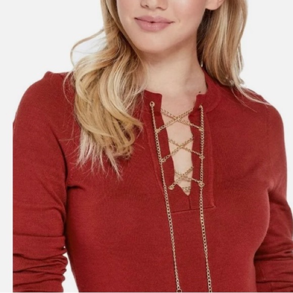 GUESS Women's Evelia Chain Lace-Up Sweater, Red, small - Picture 3 of 10